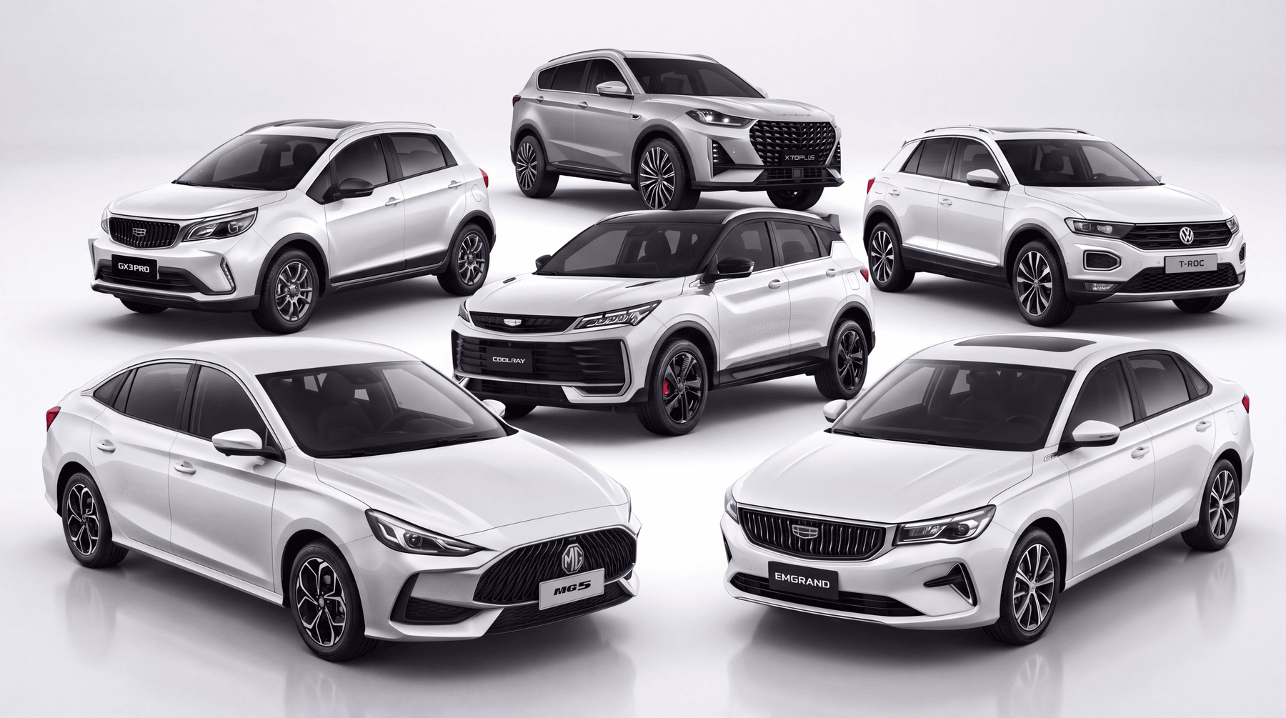 Gamme de véhicules importés : Geely GX3 Pro, Jetour X70 Plus, Volkswagen T-Roc, Geely Coolray, MG5, Geely Emgrand